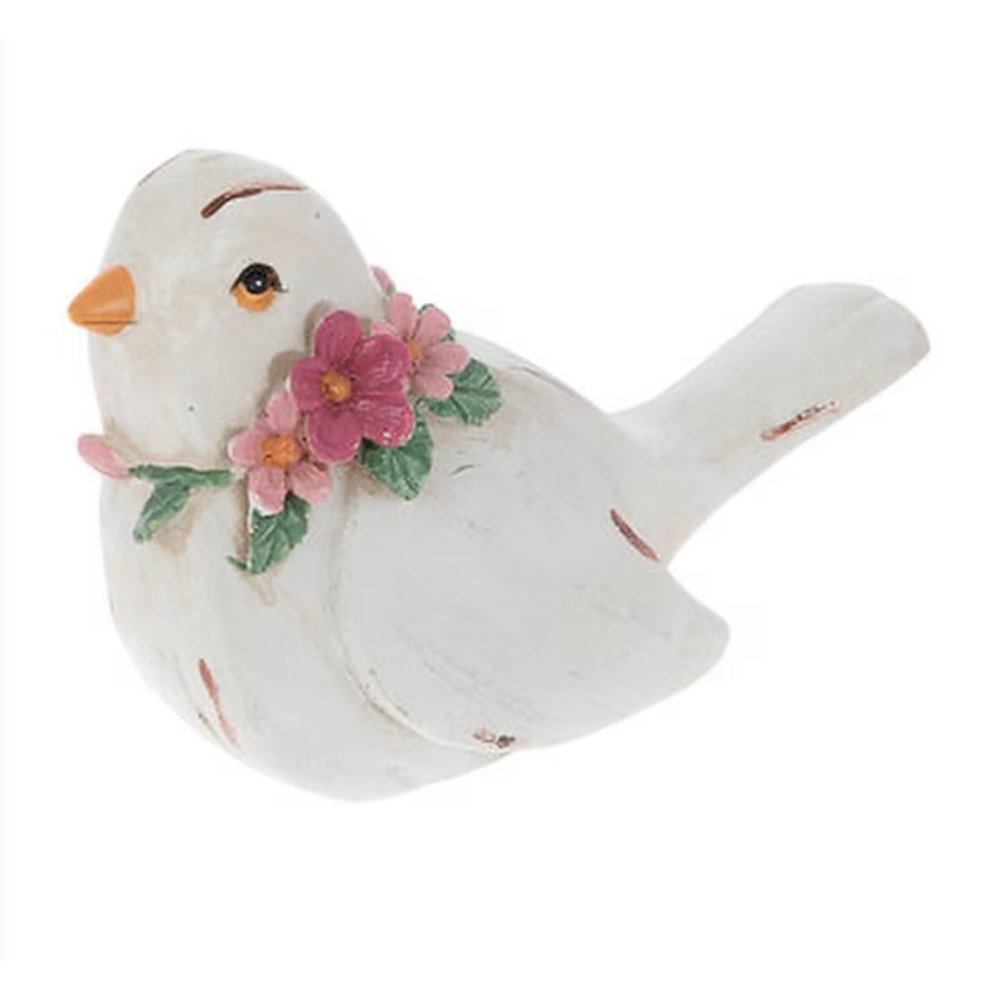 Distressed White Floral Wooden Bird